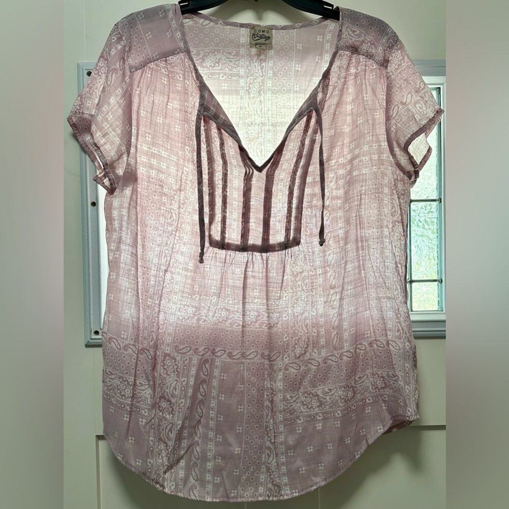 Como Vintage Bandana Blouse Size XL Pink White V-Neck (213)